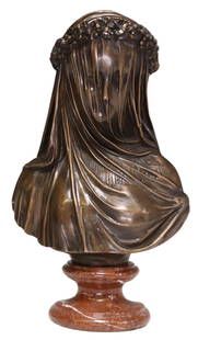 PATINATED BRONZE SCULPTURE BUST VEILED LADY: Patinated bronze sculpture, Bust of a Veiled Lady, signed in cast A. Frilli, Firenze, Italy, after Antonio Frilli (Italian, 1860-1920), on marble socle, overall: approx 14"h, 8.25"w, 5"d, 9.25lbs Star