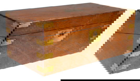 ENGLISH WALNUT WRITING BOX WITH MASONIC DEDICATION: English brass-bound walnut writing slope/ travel desk, 19th c., hinged lid with presentation cartouche, "Presented to P.G.M. Ralph White, as a token of respect and esteem for valuable services rendere