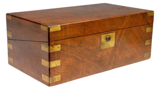 ENGLISH WALNUT WRITING BOX WITH MASONIC DEDICATION: English brass-bound walnut writing slope/ travel desk, 19th c., hinged lid with presentation cartouche, "Presented to P.G.M. Ralph White, as a token of respect and esteem for valuable services rendere