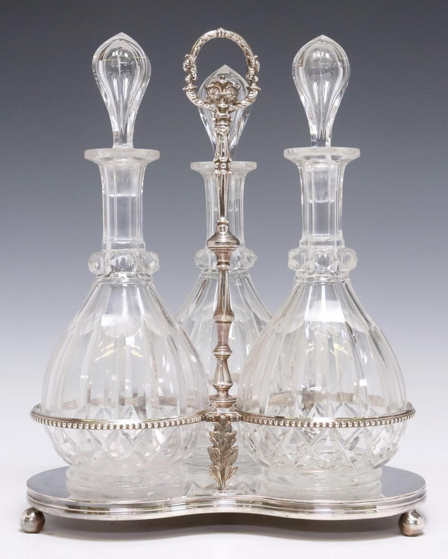 CUT GLASS DECANTERS IN SILVERPLATE STAND (1 of 5)