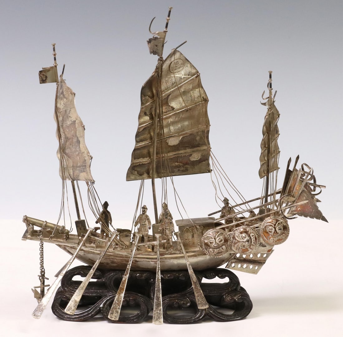 SIGNED CHINESE STERLING SILVER JUNK SHIP ON BASE (1 of 7)