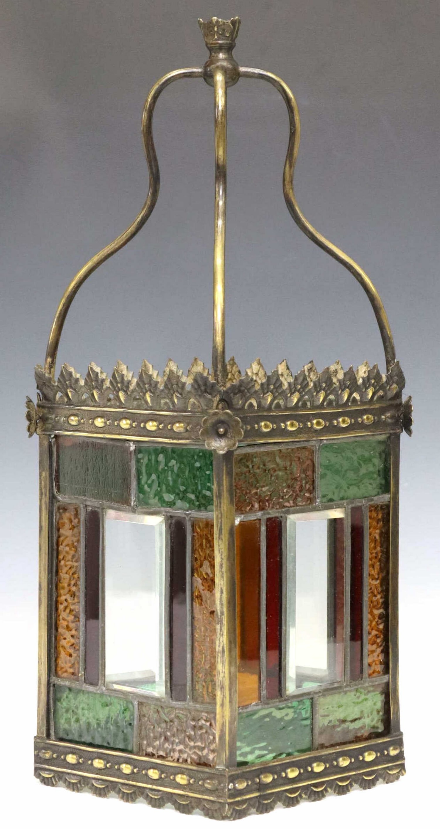 ENGLISH STAINED & LEADED GLASS HALL LANTERN (1 of 4)