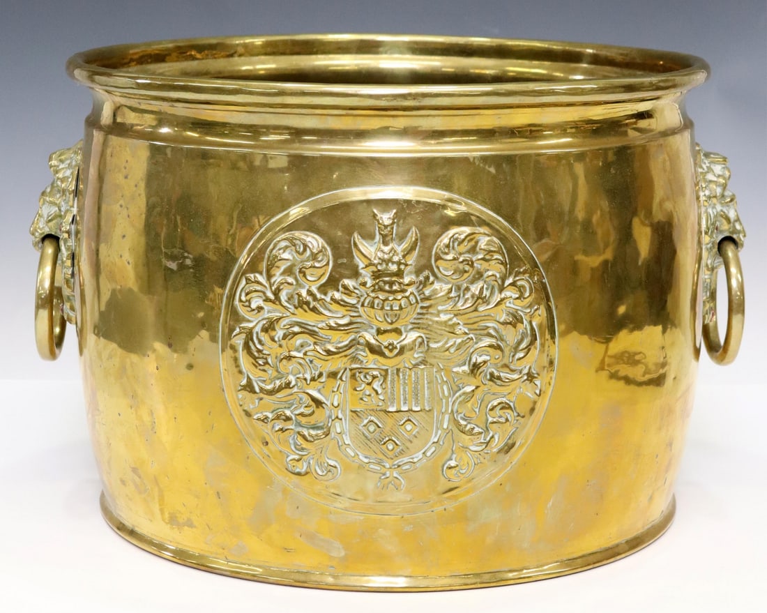 ENGLISH BRASS ARMORIAL MOTIF LOG BIN / PLANTER (1 of 4)
