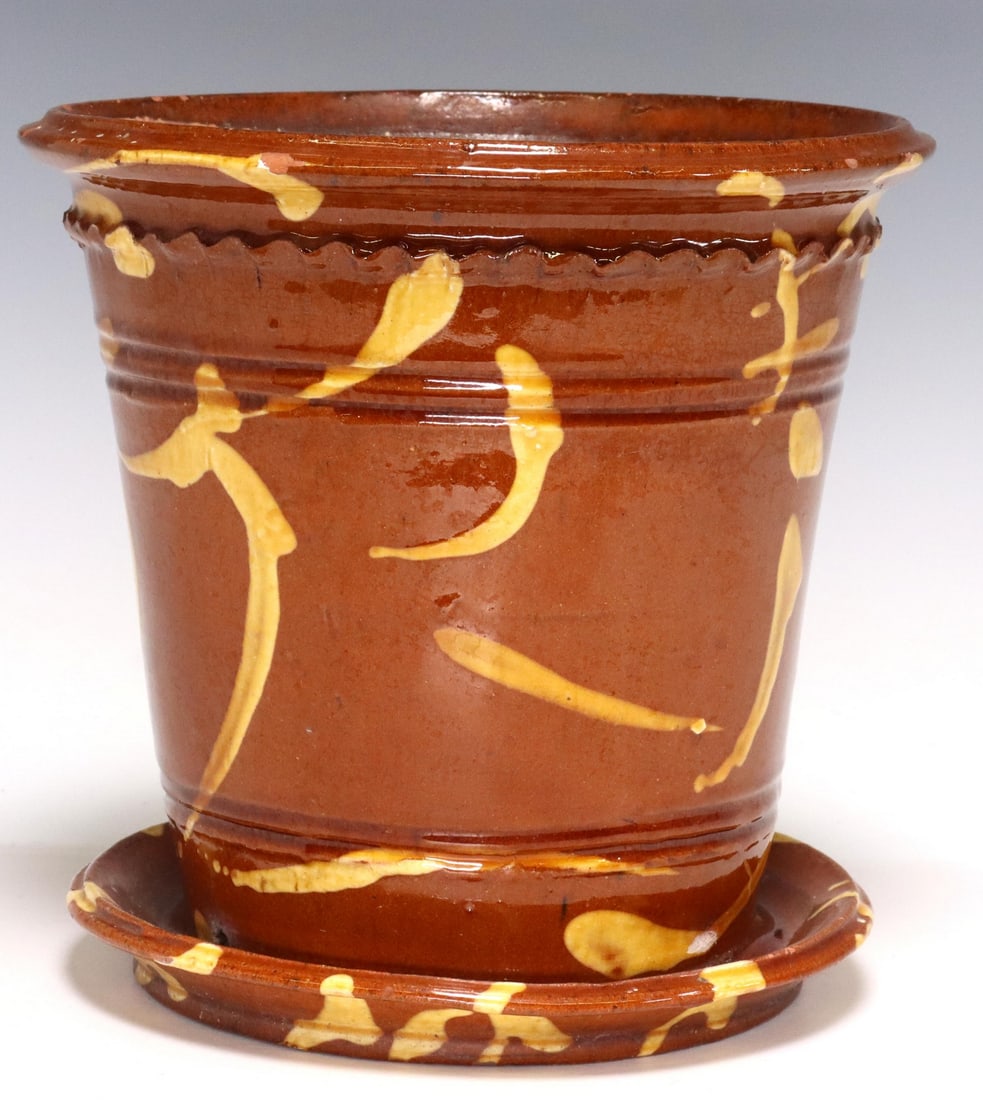 SLIP-DECORATED REDWARE PLANTER & SAUCER (1 of 3)