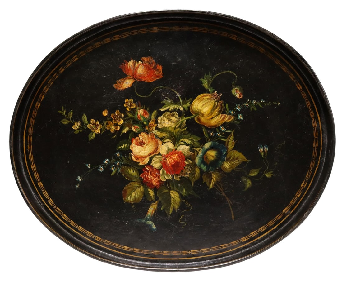 ENGLISH PARCEL GILT & PAINTED PAPIER-MACHE TRAY: English parcel gilt and polychrome painted papier-mache oval tray, central floral motif, approx 1.5"h, 22"l, 17.75"w, 3lbs Start Price: $80.00