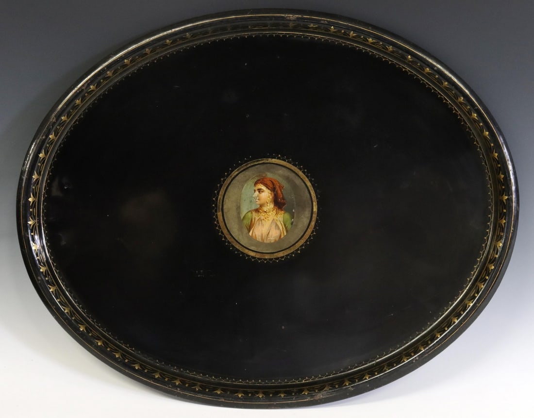 LARGE ENGLISH TOLE TRAY WITH ORIENTALIST PORTRAIT (1 of 4)