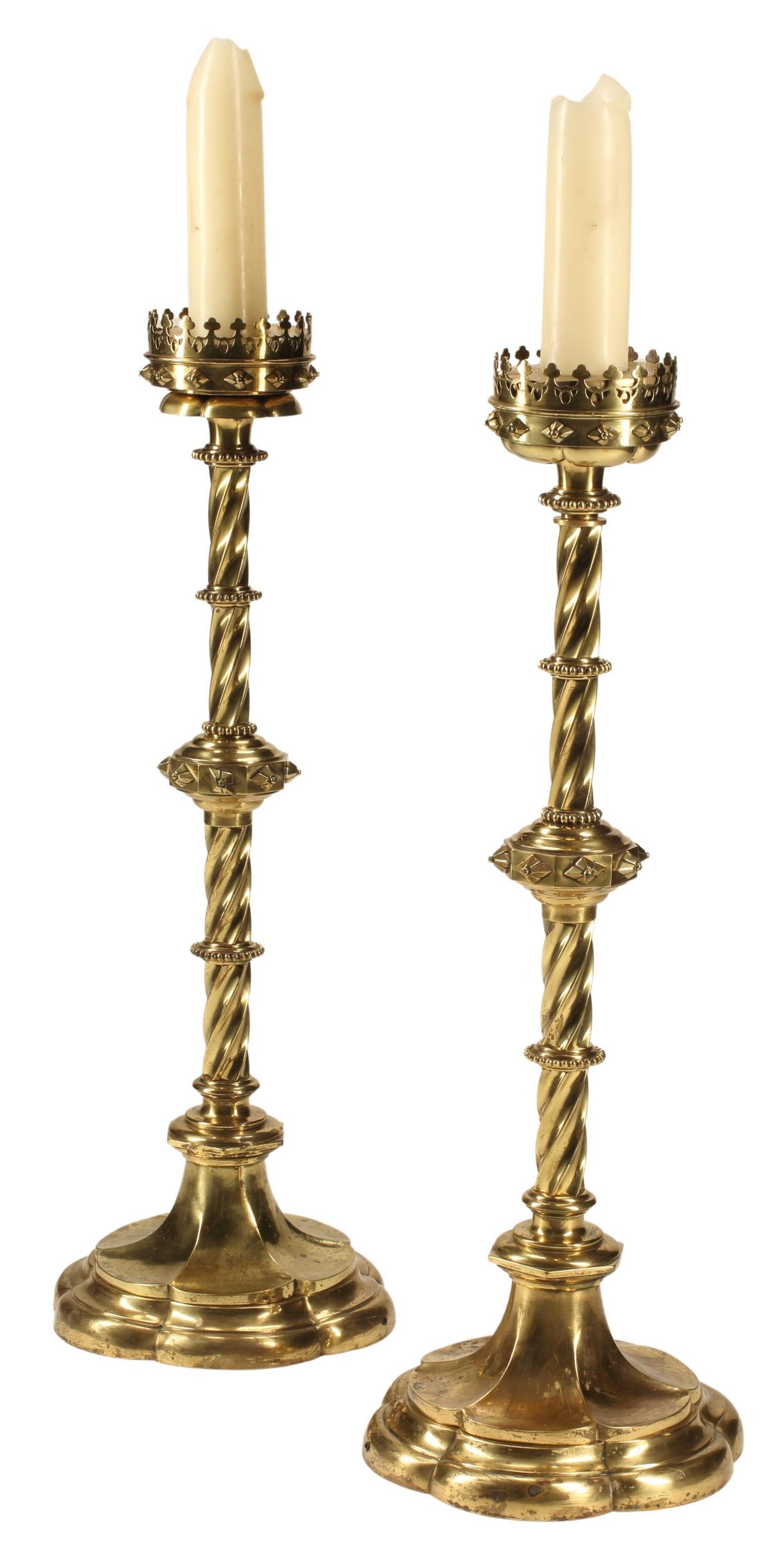 (2) LARGE GOTHIC REVIVAL BRASS CANDLE HOLDERS, 42.5"H (1 of 4)