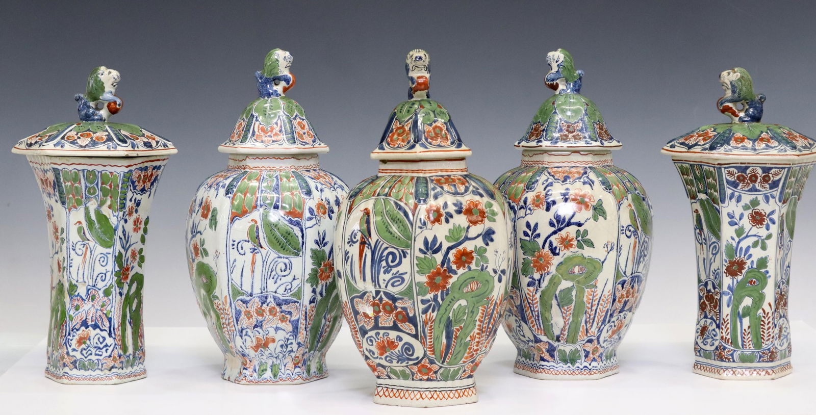 (5) DUTCH DELFT POLYCHROME FIVE-PIECE GARNITURE (1 of 8)