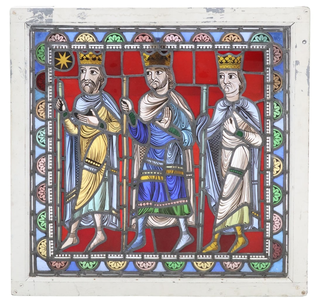 FRAMED STAINED & LEADED GLASS PANEL BIBLICAL MAGI (1 of 2)