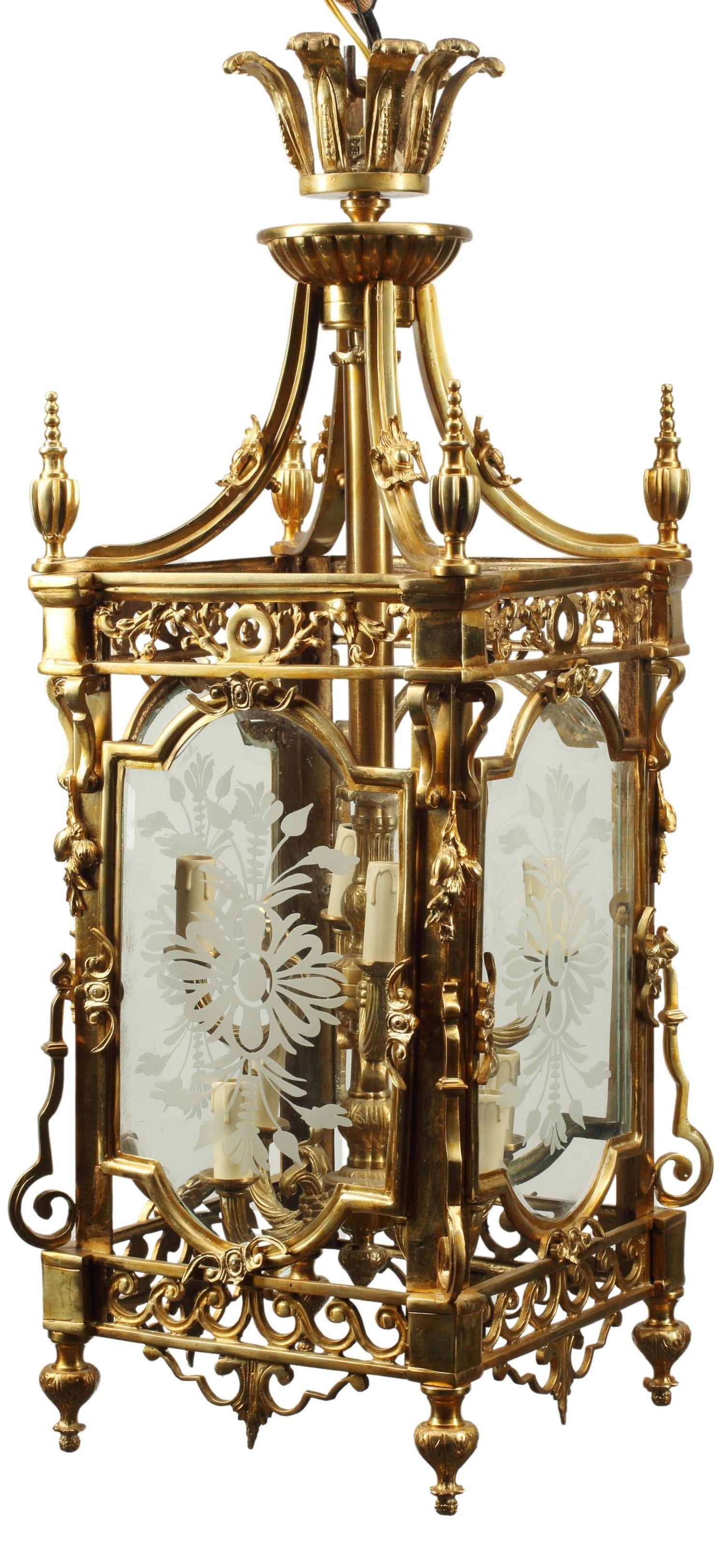 LOUIS XVI STYLE BRONZE & ETCHED GLASS LANTERN (1 of 4)