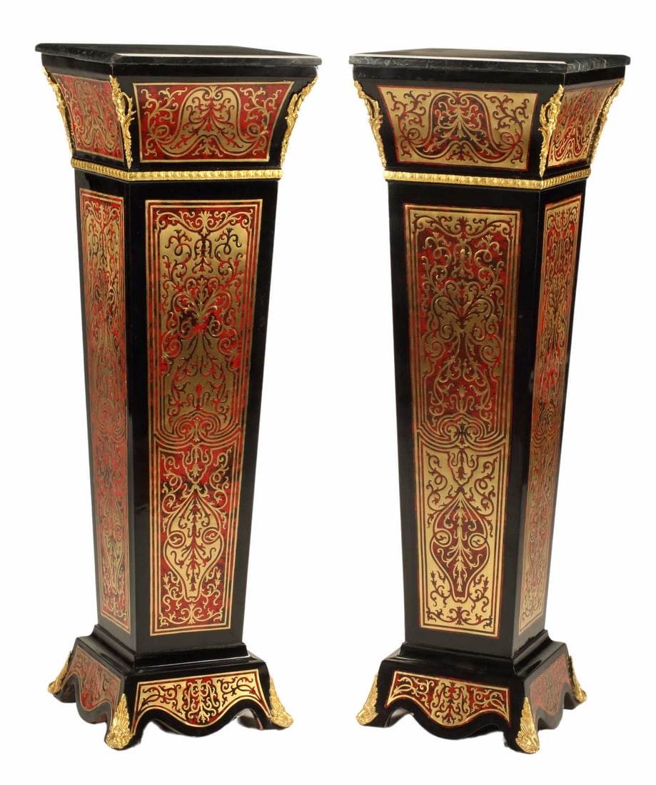 (2) MARBLE-TOP PEDESTALS WITH BRASS MARQUETRY (1 of 4)