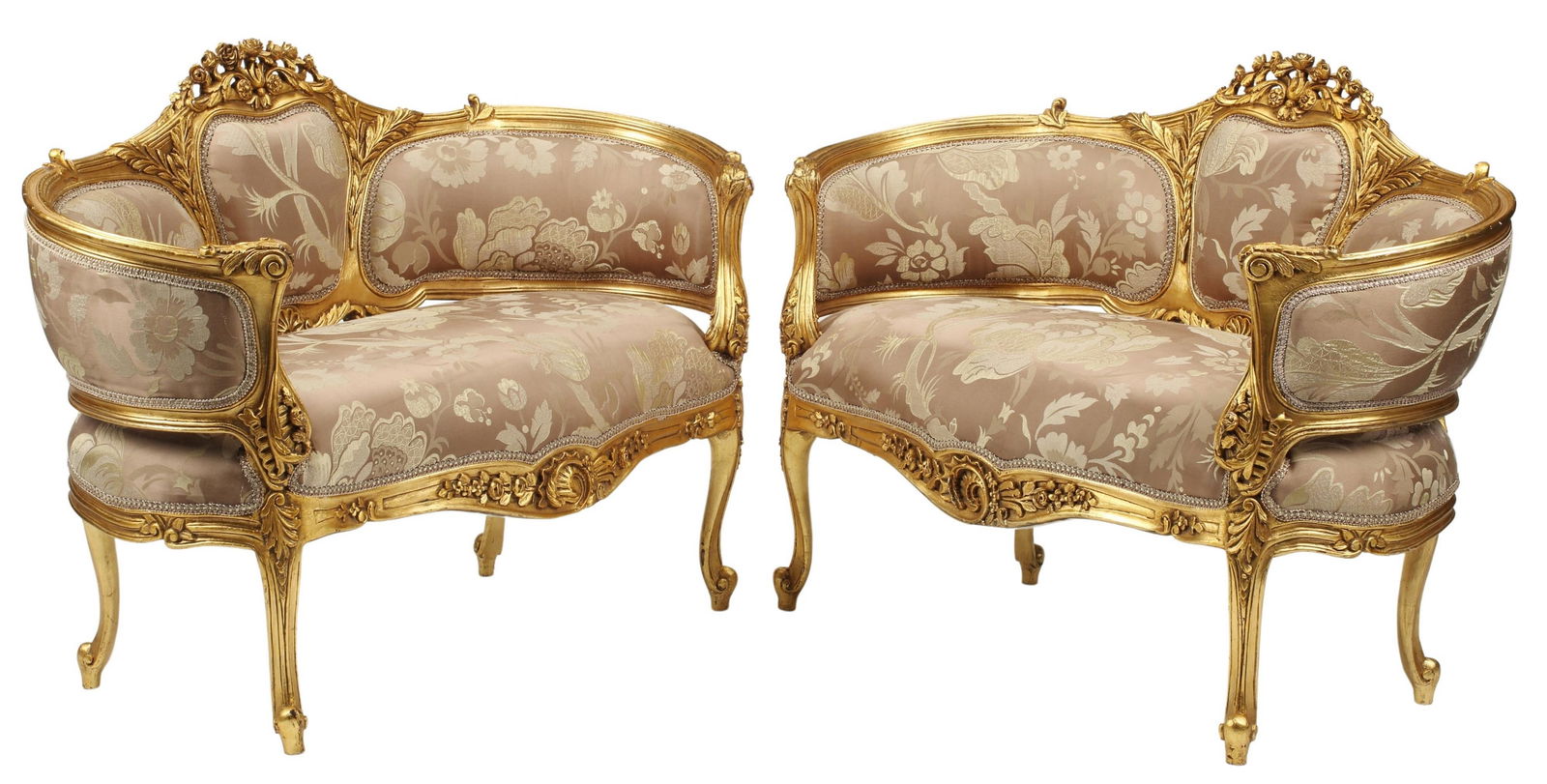 (2) LOUIS XV STYLE GILT & UPHOLSTERED SETTEES: (pair) Louis XV style gilt settees, upholstered back and seat, on whorl feet, approx 35"h, 49.5"w, 24"d, seat height: approx 18"h Start Price: $600.00