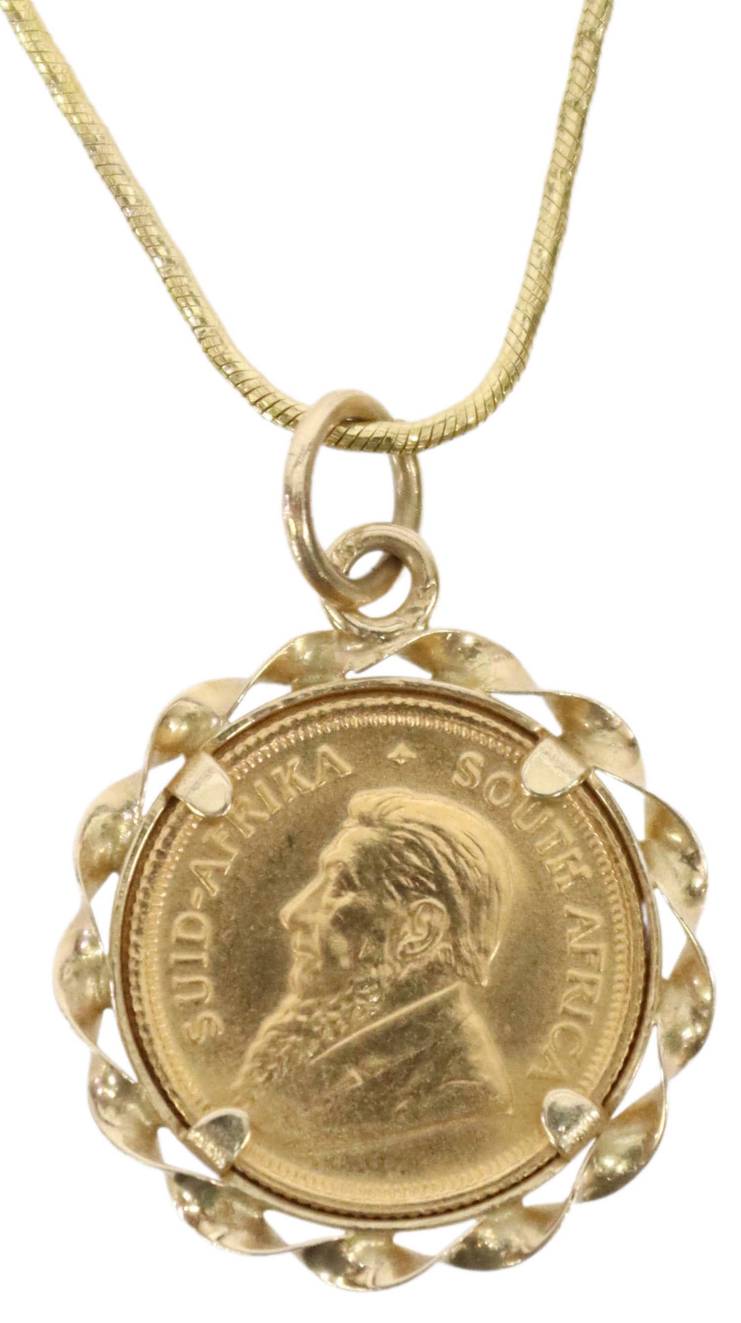 1984 1/10 OZ GOLD KRUGERRAND COIN 14KT BEZEL: South African gold Krugerrand coin, 1984, 1/10 oz. fine gold, set in a 14kt yellow gold bezel, on an Italian 14kt yellow gold round snake chain, pendant: approx 7/8"diam, chain: approx 16"l; 8.6 grams
