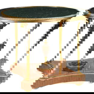 AFTER WEISWEILER FONTAINEBLEAU MODEL TABLE: Gilt and patinated bronze center table, after the original model by Adam Weisweiler (1744-1820) and Pierre-Philippe Thomire (1751-1843) for the Palais de Fontainebleau, approx 32"h, 41"diam Start Pric