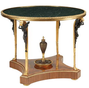 AFTER WEISWEILER FONTAINEBLEAU MODEL TABLE: Gilt and patinated bronze center table, after the original model by Adam Weisweiler (1744-1820) and Pierre-Philippe Thomire (1751-1843) for the Palais de Fontainebleau, approx 32"h, 41"diam Start Pric