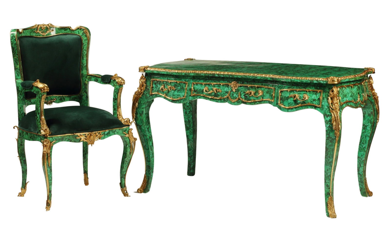 2) LOUIS XV STYLE FAUX MALACHITE BUREAU & FAUTEUIL (1 of 6)