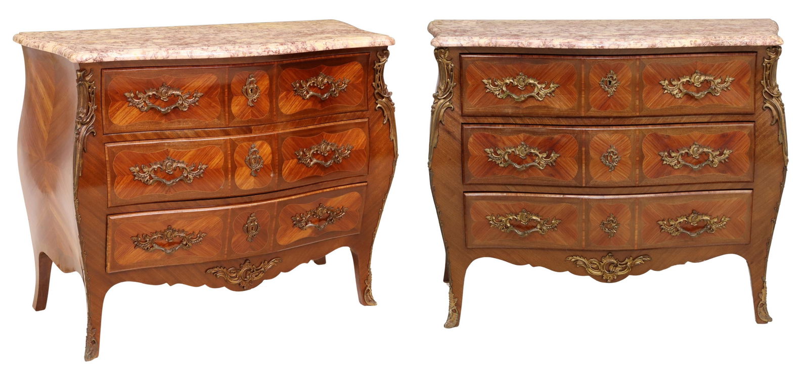2) FRENCH LOUIS XV STYLE MARBLE-TOP BOMBE COMMODES (1 of 9)