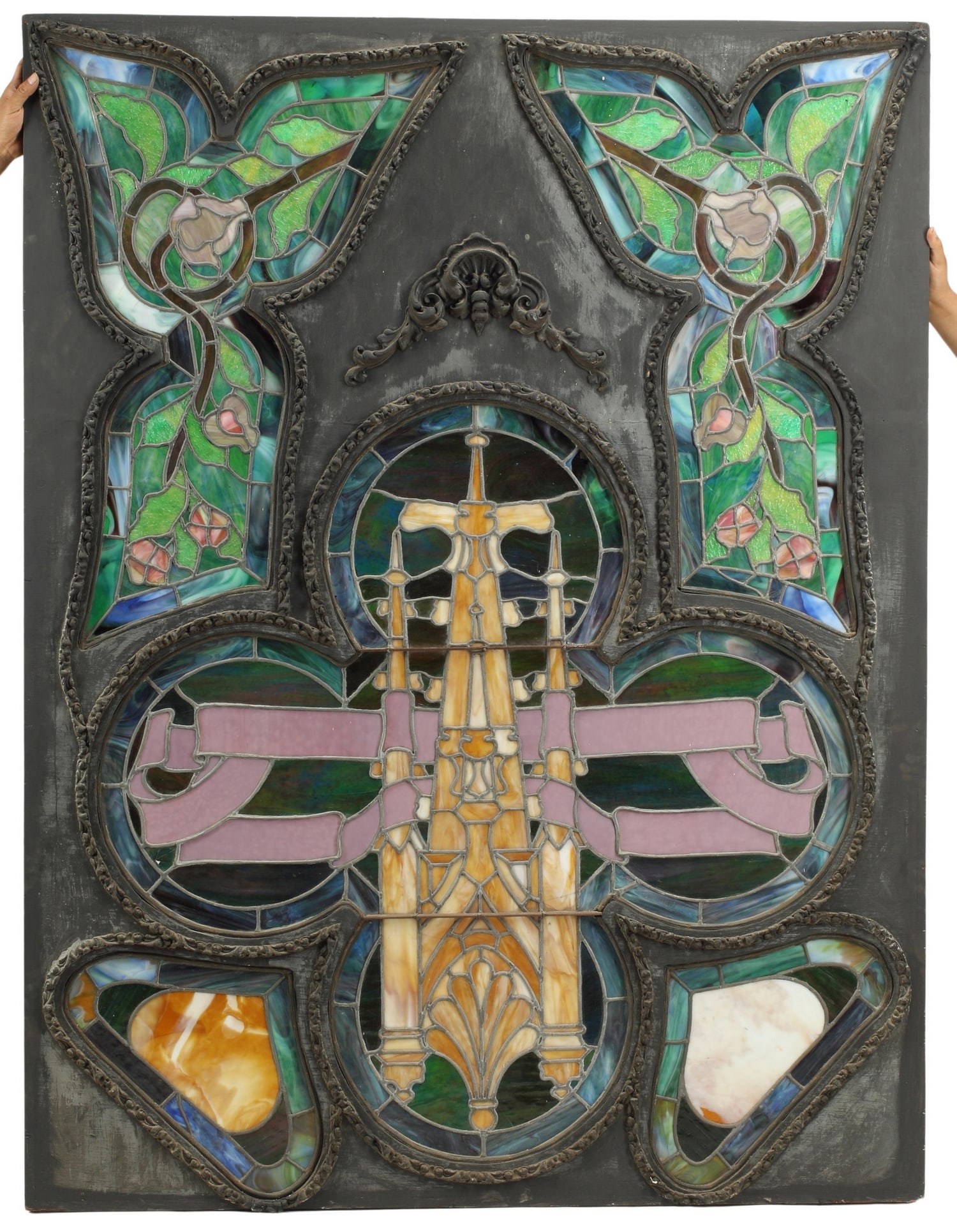 LARGE STAINED & LEADED GLASS WINDOW, 72.5" x 55" (1 of 5)