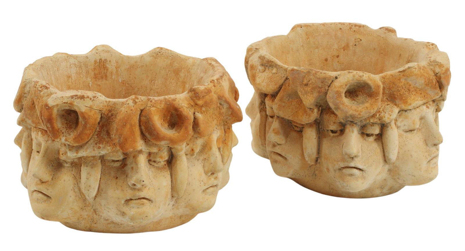 (2) TERRACOTTA PLANTERS WITH FACES IN RELIEF (1 of 3)