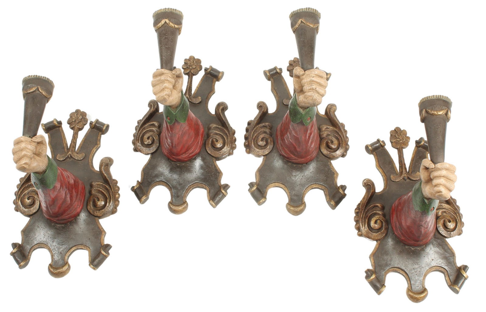 (4) CARVED & PAINTED WOOD HAND CANDLE TORCHIERES (1 of 3)