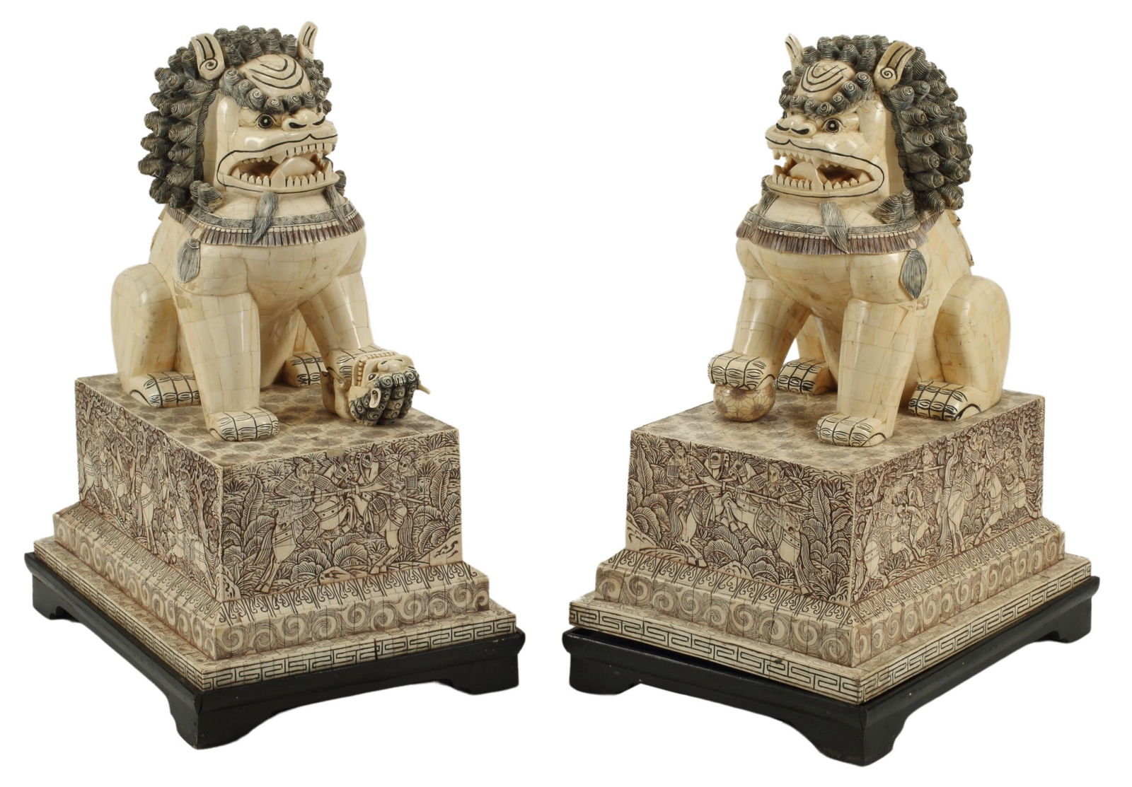 (2) LARGE CHINESE CARVED & TILED BONE FOO LIONS: (pair) Large Chinese carved and tiled bone figures of seated fu lions on bases, approx 32.5"h, 24"w, 17.5"d Start Price: $1000.00