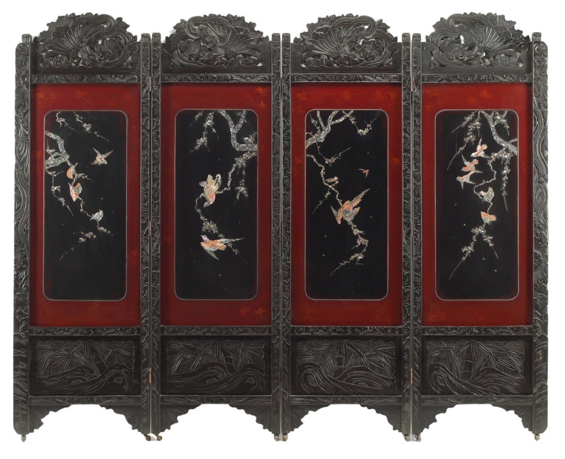 JAPANESE CARVED & INLAID FOUR-PANEL FOLDING SCREEN (1 of 3)