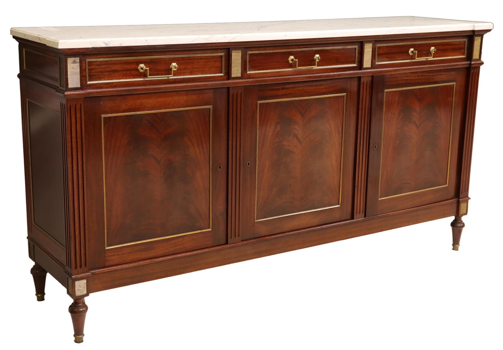 LOUIS XVI STYLE MARBLE-TOP MAHOGANY SIDEBOARD: French Louis XVI style marble-top mahogany sideboard, 20th c., having shaped top, over three drawers, three cabinet doors, gilt metal accents, over tapered legs with capped feet, approx 41.5"h, 77.5"w