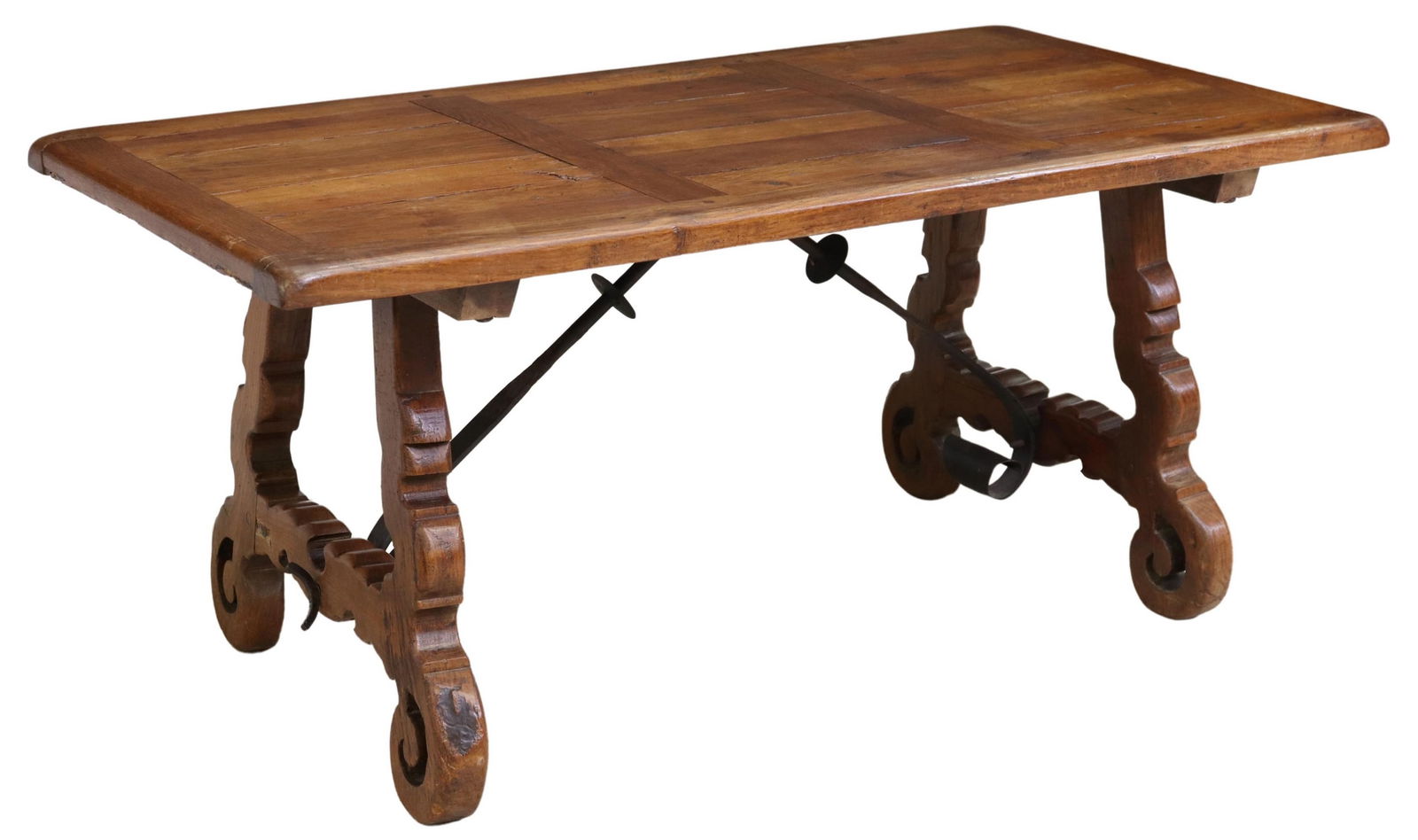 SPANISH BAROQUE STYLE OAK TRESTLE BASE TABLE (1 of 4)