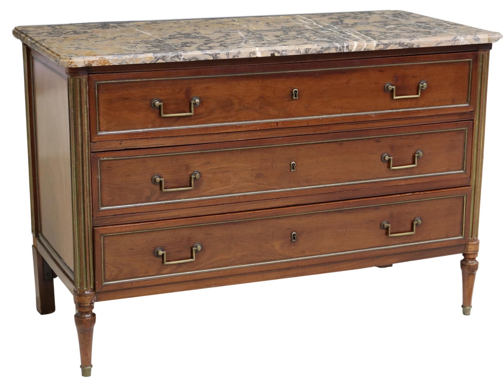 LOUIS XVI STYLE MARBLE-TOP MAHOGANY COMMODE: French Louis XVI style marble-top mahogany commode, late 19th c., having three drawers, fluted columnar supports, each with inlaid metal banding, rising on tapered legs, approx 34.25"h, 50.5"w, 23.5"d