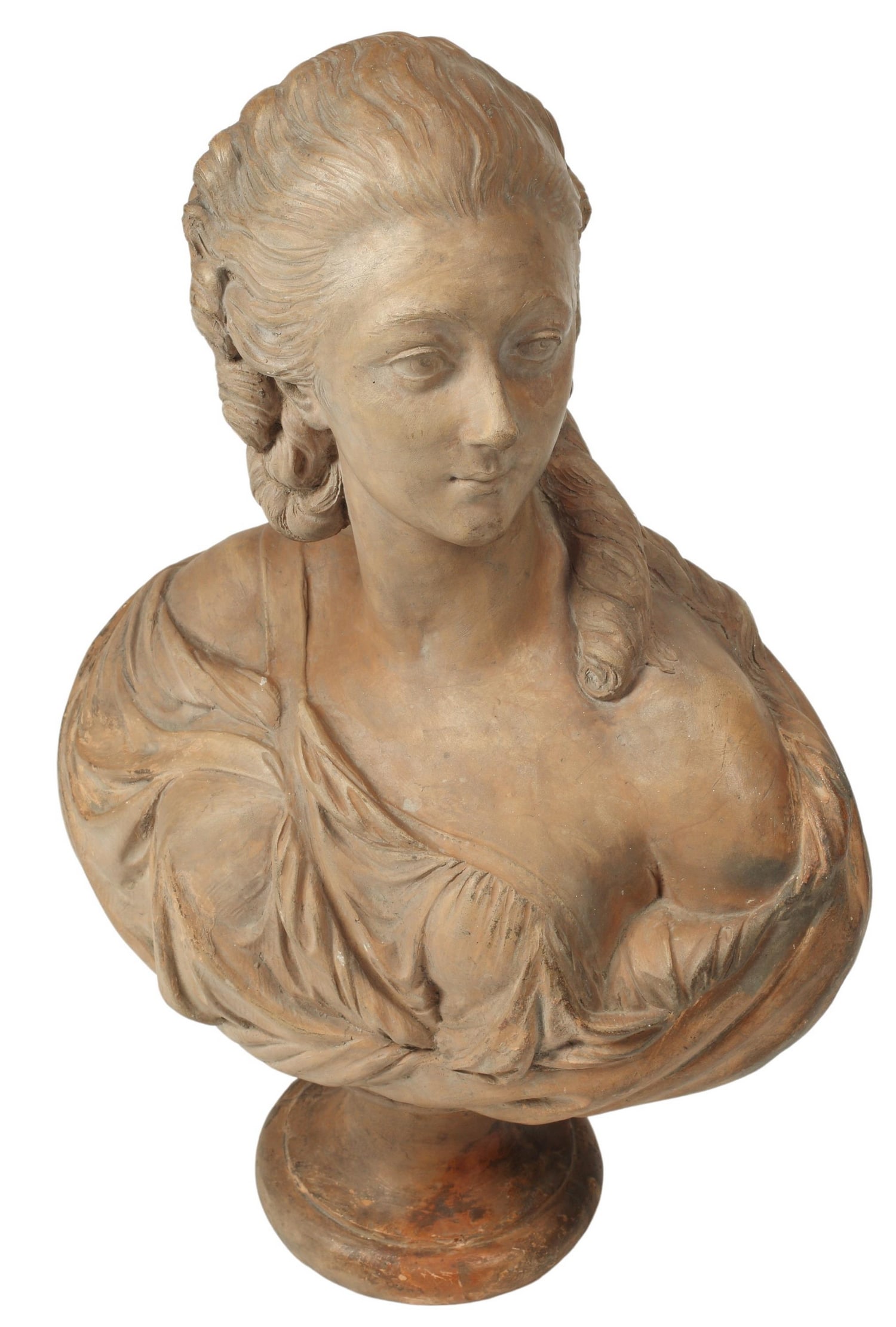 AFTER PAJOU TERRACOTTA BUST OF MADAME DU BARRY: Terracotta portrait bust of Jeanne Becu, Comtesse du Barry, after Augustin Pajou (French, 1730-1809), on socle, intact with restoration and hairlines, approx 20.5"h, 13.5"w, 7"d, 13.5lbs Start Price: