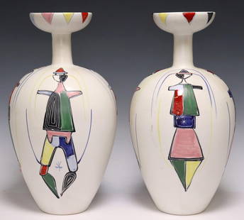 (2) ITALIAN MID-CENTURY MODERN CERAMIC VASES: (pair) Italian mid-century modern ceramic vases, in the manner of Marcello Fantoni (Italian, 1915-2011), c.1950s, wide mouth over a narrow neck, tapered body decorated with cubist style figures in pol