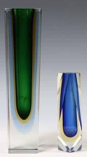 (2) ITALIAN MURANO SOMMERSO GLASS VASES: (lot of 2) Italian Murano Sommerso art glass vases, unmarked, in the manner of Mandruzzato, mid 20th c., including: (1) tapering square vase, approx 12"h, 3"w, 3"d, (1) faceted square vase, approx 6.7