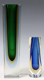 (2) ITALIAN MURANO SOMMERSO GLASS VASES: (lot of 2) Italian Murano Sommerso art glass vases, unmarked, in the manner of Mandruzzato, mid 20th c., including: (1) tapering square vase, approx 12"h, 3"w, 3"d, (1) faceted square vase, approx