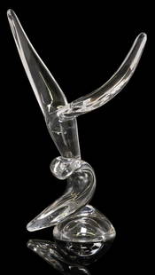 STEUBEN COLORLESS LEADED ART GLASS SCULPTURE: Steuben colorless leaded art glass sculpture, abstract outswept form, on circular foot, engraved signature underfoot, approx 12"h, 6.25"w, 4"d, 3.1lbs Start Price: $80.00