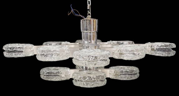 ITALIAN MID-CENTURY MODERN TWELVE-LIGHT CHANDELIER: Italian mid-century modern chandelier, in the manner of Gaetano Sciolari (Italian, 1927-1994), c.1960s-1970s, chromed and satin finish metal frame, twelve lights enclosed by ice textured glass