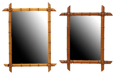 (2) FRENCH TURNED WOOD FAUX BAMBOO WALL MIRRORS: (lot of 2) French wall mirrors, early 20th c., turned faux bamboo frame, encasing flat mirror plate, both with minor silver loss to mirror plate, (one) with small chips at corners of frame, largest: a