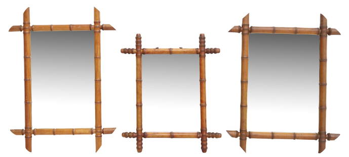 (3) FRENCH TURNED WOOD FAUX BAMBOO WALL MIRRORS: (lot of 3) French wall mirrors, early 20th c., turned faux bamboo frame, encasing flat mirror plate, each with minor silver loss to mirror plate, largest: approx 25"h, 18.5"w, smallest: approx 21"h, 1