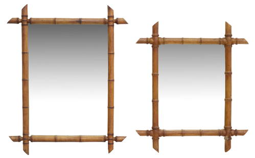 (2) FRENCH TURNED WOOD FAUX BAMBOO WALL MIRRORS: (lot of 2) French wall mirrors, early 20th c., turned faux bamboo frame, encasing flat mirror plate, both with minor silver loss to mirror plate, largest: approx 27.5"h, 22"w, smallest: approx 24"h,