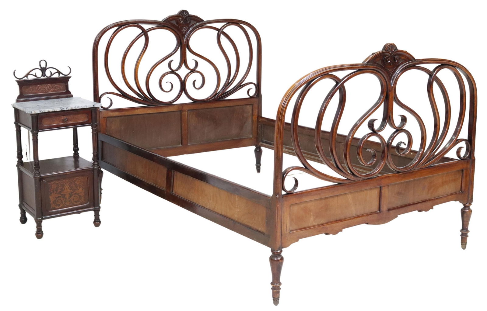 (2) FRENCH CARVED ART NOUVEAU BED & NIGHTSTAND (1 of 8)