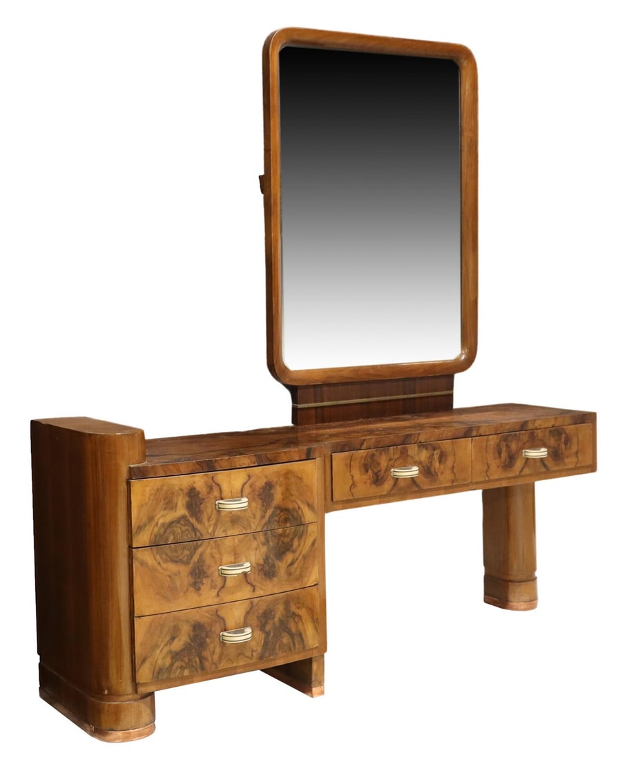 ITALIAN ART DECO BURL WALNUT MIRRORED LOW VANITY (1 of 5)