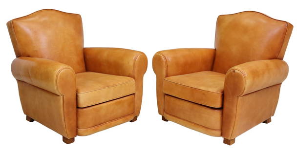 (2) FRENCH ART DECO STYLE LEATHER CLUB CHAIRS: (pair) French Art Deco style leather club chairs, Prestige Ameublement, approx 34.25"h, 34"w, 33.5"d, seat height: 15"h, abrasion with small area of lifting at armrest interior, Start Price: $800.00