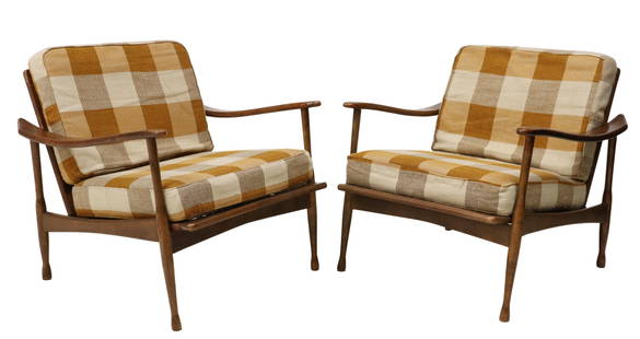 (2) MID-CENTURY MODERN TEAK LOUNGE CHAIRS: (pair) Mid-century modern teak armchairs, c.1960s, having slatted back, loose back and seat cushions, rising on tapered legs, approx 28.5"h, 28.25"w, 28.25"d, seat height: approx 19 1/8"h Start Price: