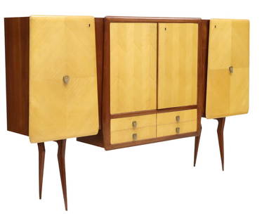 ITALIAN MID-CENTURY MODERN SIDEBOARD: Italian mid-century modern sideboard, c.1950s, drawer and doors with matched veneer design, having central double doors with one shelf, over four drawers, flanked by cabinet door with two interior