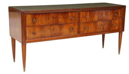 ITALIAN MID-CENTURY MODERN GLASS-TOP COMMODE: Italian mid-century modern chest of drawers, c.1950s, inset glass top, four drawers, on tapered legs with brass feet, approx 31.25"h, 65.75"w, 19.75"d Start Price: $150.00
