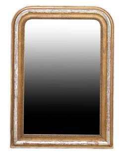 FRENCH LOUIS PHILIPPE SILVER GILTWOOD MIRROR: French Louis Philippe period giltwood mirror, mid 19th c., arched frame with silver gilt border and beaded trim, incised foliate motifs, some later gilt painted touch ups, approx 39"h, 28"w, 27.25lbs