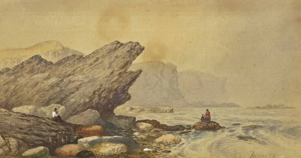 SIGNED BRICHER WATERCOLOR PAINTING, COASTAL SCENE: Framed watercolor painting on paper, Coastal Seascape, signed lower right Bricher (possibly Alfred Thompson Bricher, American, 1837-1908), some tonal variation to paper in sky, sight: approx 8.5"h, 16