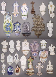 (30) COLLECTION OF RELIGIOUS HOLY WATER FONTS: (lot of 30) Collection of holy water fonts, varied designs, including: (26) ceramic fonts, some with parcel gilt and painted accents, some with typical small chips and losses, (2) metal fonts, (1) car