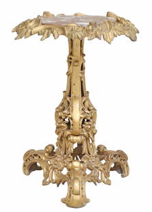 LOUIS XV STYLE MARBLE-TOP GILT METAL SIDE TABLE: Louis XV style gilt metal pedestal/ side table, early 20th c., having circular marble top, rising on molded base with scrolled foliates and floral motifs, on tripartite foot, marble intact with restor