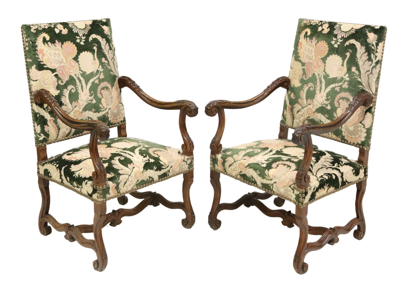 (2) FRENCH LOUIS XIV STYLE HIGHBACK FAUTEUILS: (pair) French Louis XIV style armchairs, late 19th c., later cut velvet upholstery patterned with peacocks, scrolled arms with acanthus terminals, on volute supports joined by H stretcher, approx 44"h