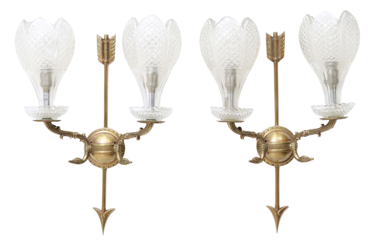2) FRENCH EMPIRE STYLE BRONZE & GLASS 2-LT SCONCES (1 of 2)